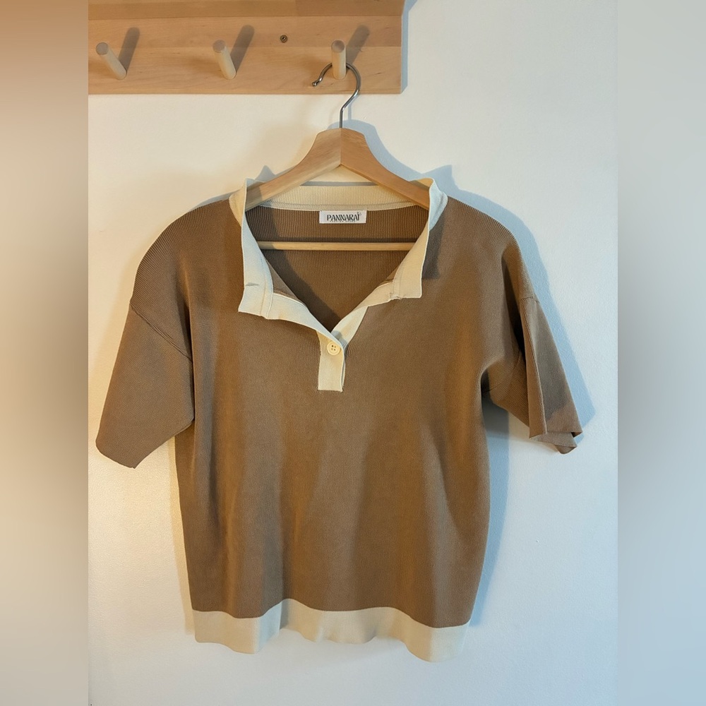 Women’s Tan Polo Top with Cream Trim
